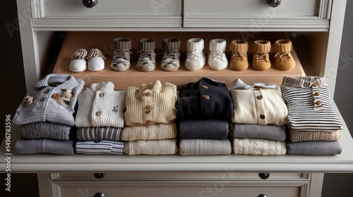 Baby clothes and booties neatly organized in dresser drawer