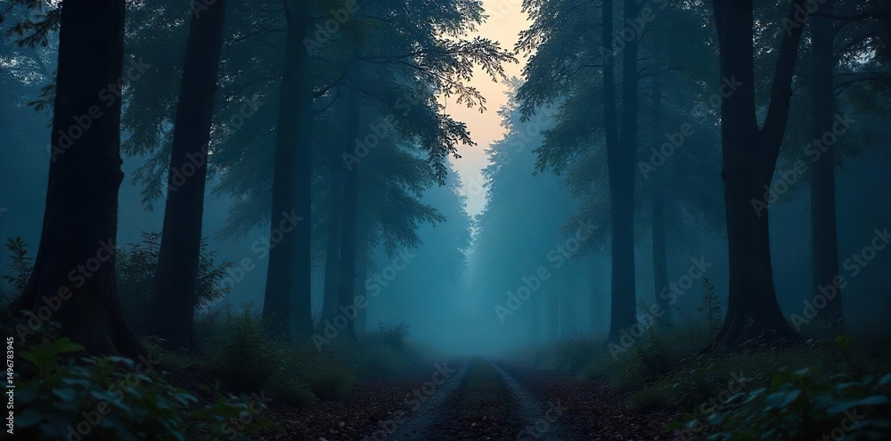 Naklejka premium A dense, shadowy forest at twilight, thick with mist and hinting at hidden pathways and clandestine operations; perfect for spy thriller or mystery themes , suspense, danger