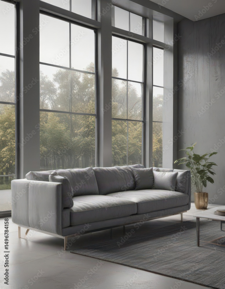 Obraz premium Sleek grey sofa, metallic accents, large windows, light, house