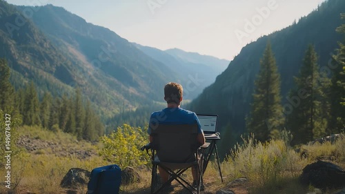 Serene remote workspace in mountain valley