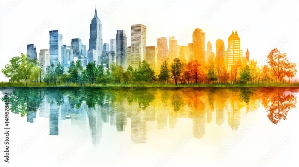 Obraz premium Cityscape Symmetry: A vibrant watercolor cityscape seamlessly transitions from cool blues to warm oranges, reflected perfectly in calm water below.