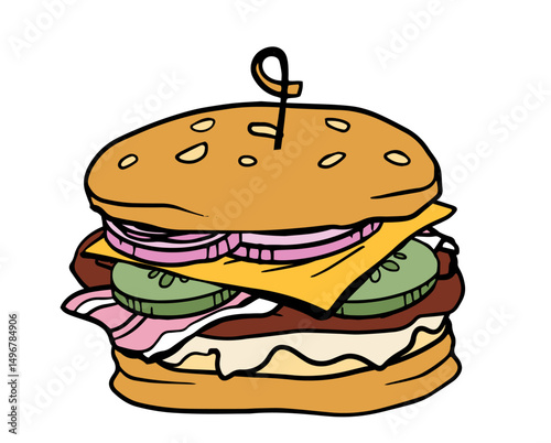 hamburger hand drawn vector color line illustration realistic sketch with  cheese, onion, cucumber, cutlet, hum, lettuce for poster, menu, package design