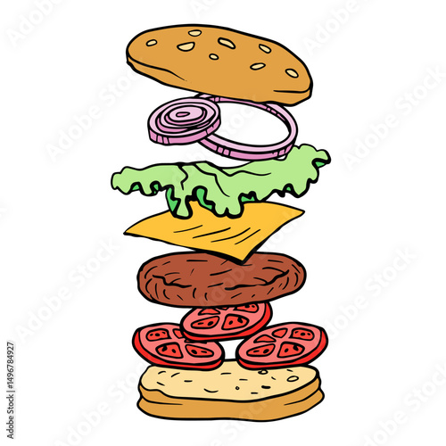 hamburger hand drawn vector color line illustration realistic sketch with its flying ingredients- cheese, onion, cutlet, tomatoes, lettuce for poster, menu, package design