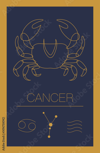card with astrological zodiac sign cancer, constellation, sign, element icon for horoscopes, forecasts, interpretations. linear trend illustration