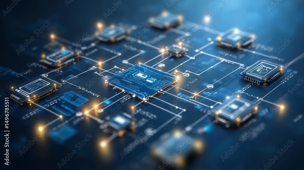 Obraz premium Circuit Board Visualization: A captivating visualization of a complex circuit board, showcasing the intricate network of electronic components and connections, illuminated with a soft, ethereal glow.