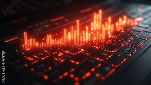 Wallpaper Mural Digital Symphony: A vivid representation of data visualization illuminates a laptop keyboard, with dynamic data bars reflecting a symphony of information. Torontodigital.ca