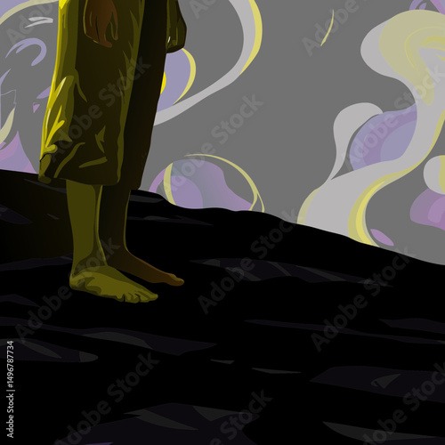 Person standing on a dark surface under a stylized cloudy sky