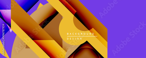 Abstract geometric composition. Overlapping layers create dynamic visual effect. Warm tones dominate, contrasted by vibrant purple section. Modern design element for backgrounds.