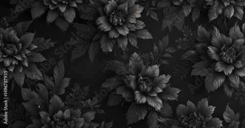 Intricate black charcoal floral wallpaper  Luxurious botanical design, rich black background , art print, background, interior design