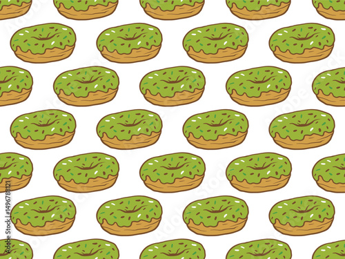 Seamless pattern of delicious green donuts on a white background. Vector pattern of confectionery dessert. for bakery menu, restaurants, cafes, textiles, wrapping paper