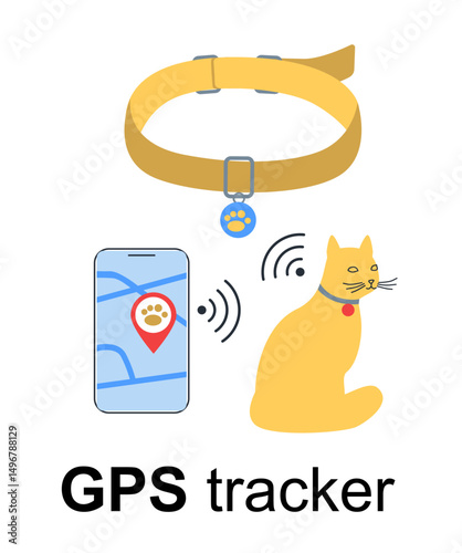 pet GPS tracker Vector flat illustration showing a cat's movement on smartphone map. Ideal for tracking pets during walks using a smart app.