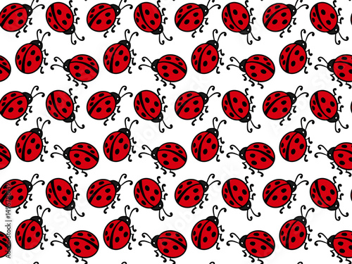 Fashionable seamless pattern with colorful ladybug on white background. Cute children's illustration with red bugs for baby. Design for invitation, poster, postcard, fabric, textile.
