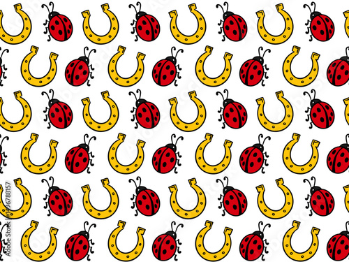 Seamless pattern with red ladybugs and golden horseshoes on white background. Ideal for lucky charm designs, greeting cards, gift wrap, or textile prints.
