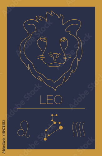 Engraved Leo zodiac sign, hand drawn, in luxurious, esoteric and boho style. line sign characteristic, constellation, sign, element icon for horoscopes, forecasts, interpretations, astrologers.