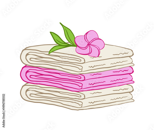 Stack of folded spa towels with a pink frangipani flower and green leaves. Ideal for wellness branding, massage ads, or relaxing atmosphere visuals.