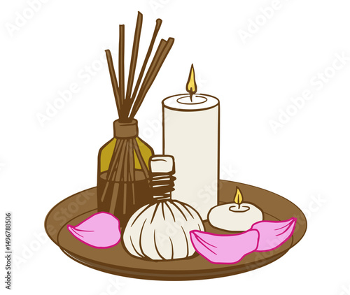 concept of thai massage, meditation center with aroma oil, herbal compress, candles and petals on tray. vector illustration for spa menu, wellness advertising, posters, packaging.