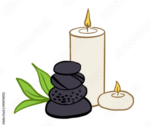 Modern spa composition featuring massage stones, candles, and greenery. Ideal for wellness centers, Thai massage, meditation spaces, and beauty therapy retreats