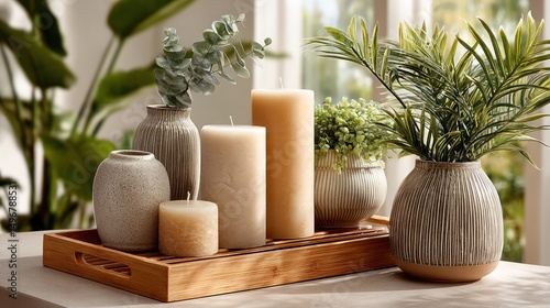 Candles, vases, plants on tray, sunlit room, home decor