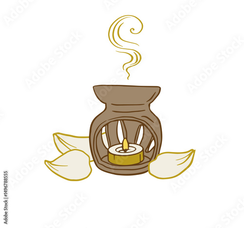 Aromatherapy oil burner with lit candle and petals. Ideal for spa branding, wellness packaging, fragrance ads, digital or print use.