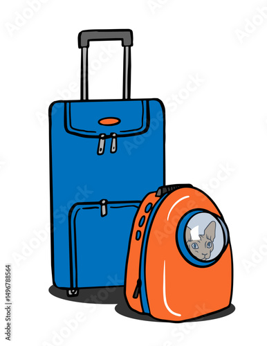Blue suitcase and orange cat carrier backpack illustration. Perfect for pet travel branding, luggage ads, veterinary flyers, social media posts