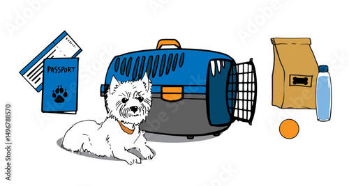 Westie pup with passport, ticket, travel crate, kibble pack, water bottle and ball. Ideal for pet travel branding, ads, labels, social media posts.
