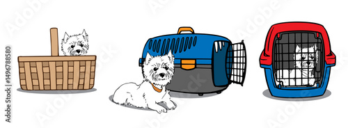 Vector illustration of pet travel carriers and backpacks for dogs. Ideal for pet transport, travel gear branding, veterinary services, and pet shop marketing.