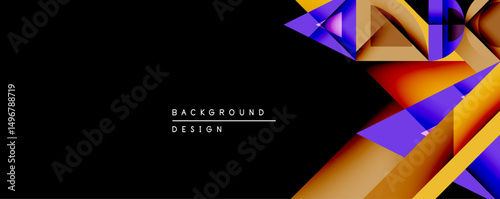 Abstract geometric design features vibrant polygonal shapes. Orange, purple, gold hues create dynamic contrast against black background. Modern, stylish visual element.
