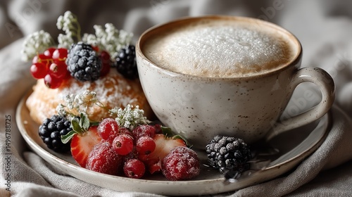 Cappuccino, berries, pastry, breakfast, textile, cozy, morning, food photography, still life