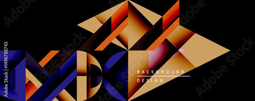 Abstract geometric design features layered shapes, vibrant orange, blue hues. Dark background emphasizes threedimensional effect, creating modern visual impact. Minimalist text reads background design