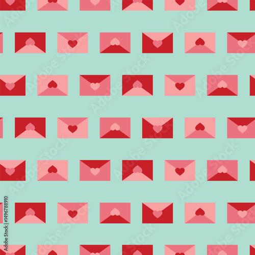 Vector pattern with love envelopes with red and pink hearts on turquoise background
