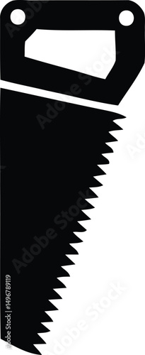 Illustrated black and white icon of a hand saw on a white background perfect for design and construction projects and diy themes.