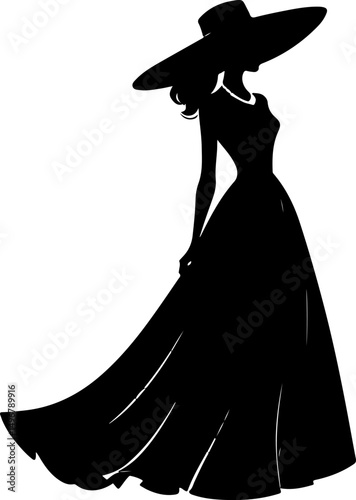 The image features an elegant black silhouette of a woman in profile, adorned with a sophisticated wide-brimmed hat and a prominent necklace, exuding timeless grace and style.