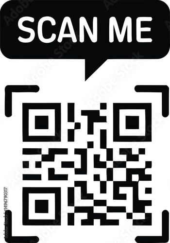 Clean black and white qr code with a scan me prompt bubble for mobile app and website integration modern technology concept