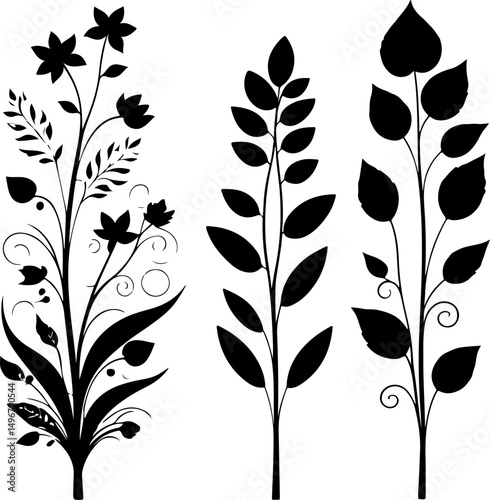 The image showcases a collection of ten diverse black leaf silhouettes, including various sizes and shapes, some with stems, suggesting a botanical assortment for design purposes.