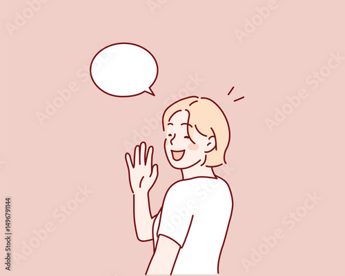 Smiling Woman Greeting with a Friendly Wave
.Hand drawn style vector design illustrations.