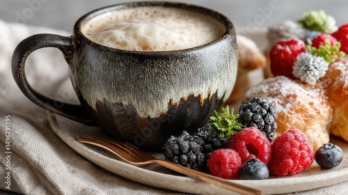 Coffee, croissant, berries breakfast, kitchen, calm