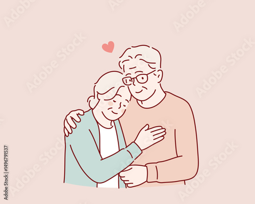 Happy Senior Couple Embracing with Love. 
 Hand drawn style vector design illustrations.