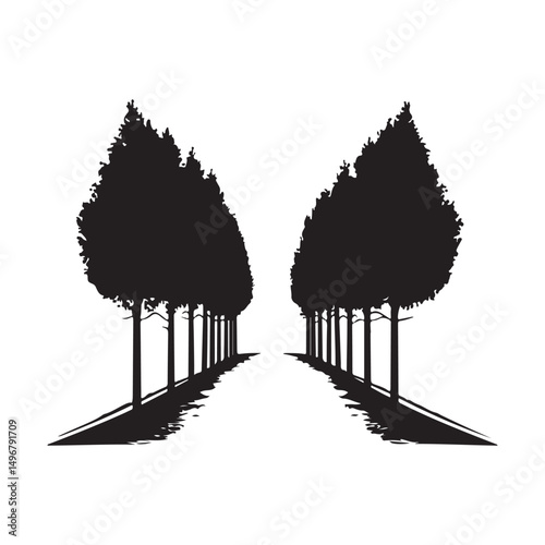 Silhouette trees lining driveway simple Vector isolated on white background.