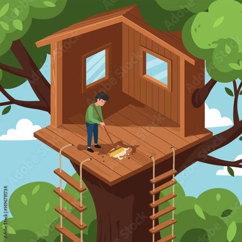 Boy Cleaning Treehouse with Broom High in a Tree Surrounded by Leaves