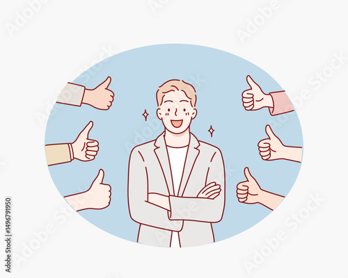 Team Giving Thumbs Up for Achievement. Hand drawn style vector design illustrations.