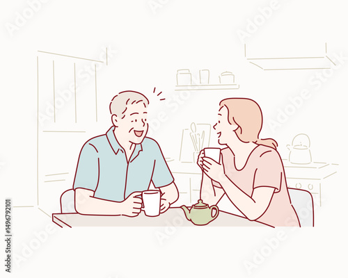 Senior father and Adult daughter Having Coffee and Talking. Hand drawn style vector design illustrations.