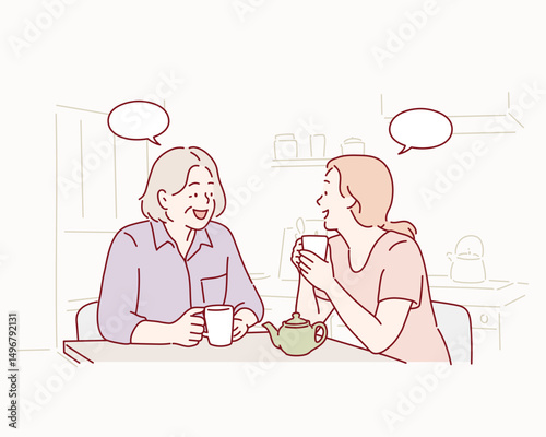 Senior Mother and Adult daughter Having Coffee and Talking. Hand drawn style vector design illustrations.