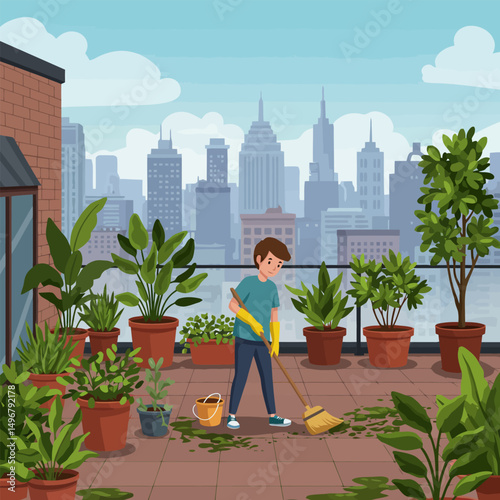 Cleaning Leaves on Rooftop Garden with City View, Cartoon Illustration