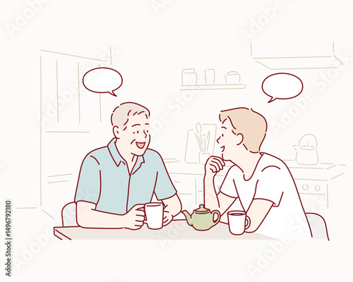 Senior father and Adult Son Having Coffee and Talking. Hand drawn style vector design illustrations.