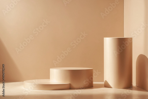 Champagne Beige Minimalist Podium Scene – Asymmetrical Display with Mixed Shapes, Architectural Shadows, and Editorial Studio Composition