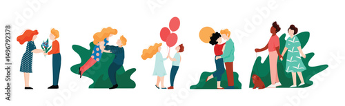 Man and Woman Couple Have Romantic Relationship Vector Set
