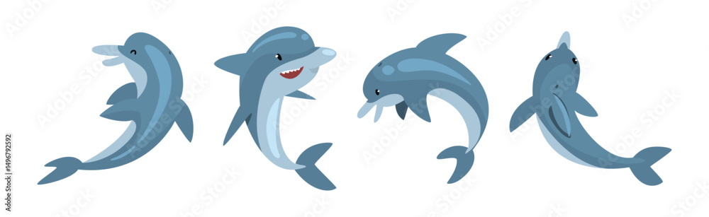 Naklejka premium Funny Blue Dolphin Character in Different Pose Vector Set