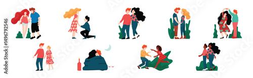 Man and Woman Couple Have Romantic Relationship Vector Set