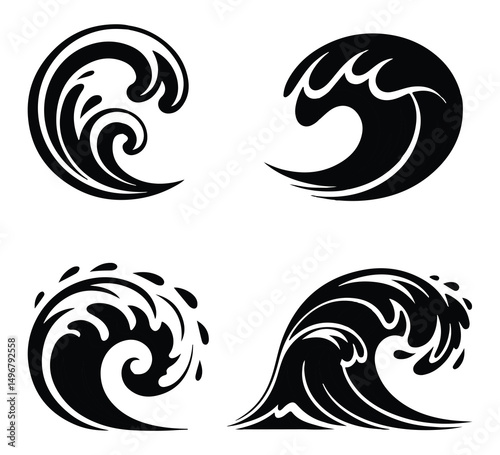 Vector set of black and white ocean wave designs