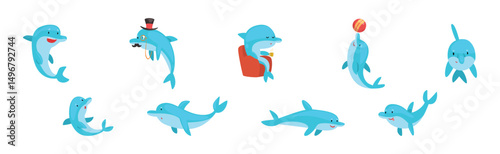 Funny Blue Dolphin Character in Different Pose Vector Set